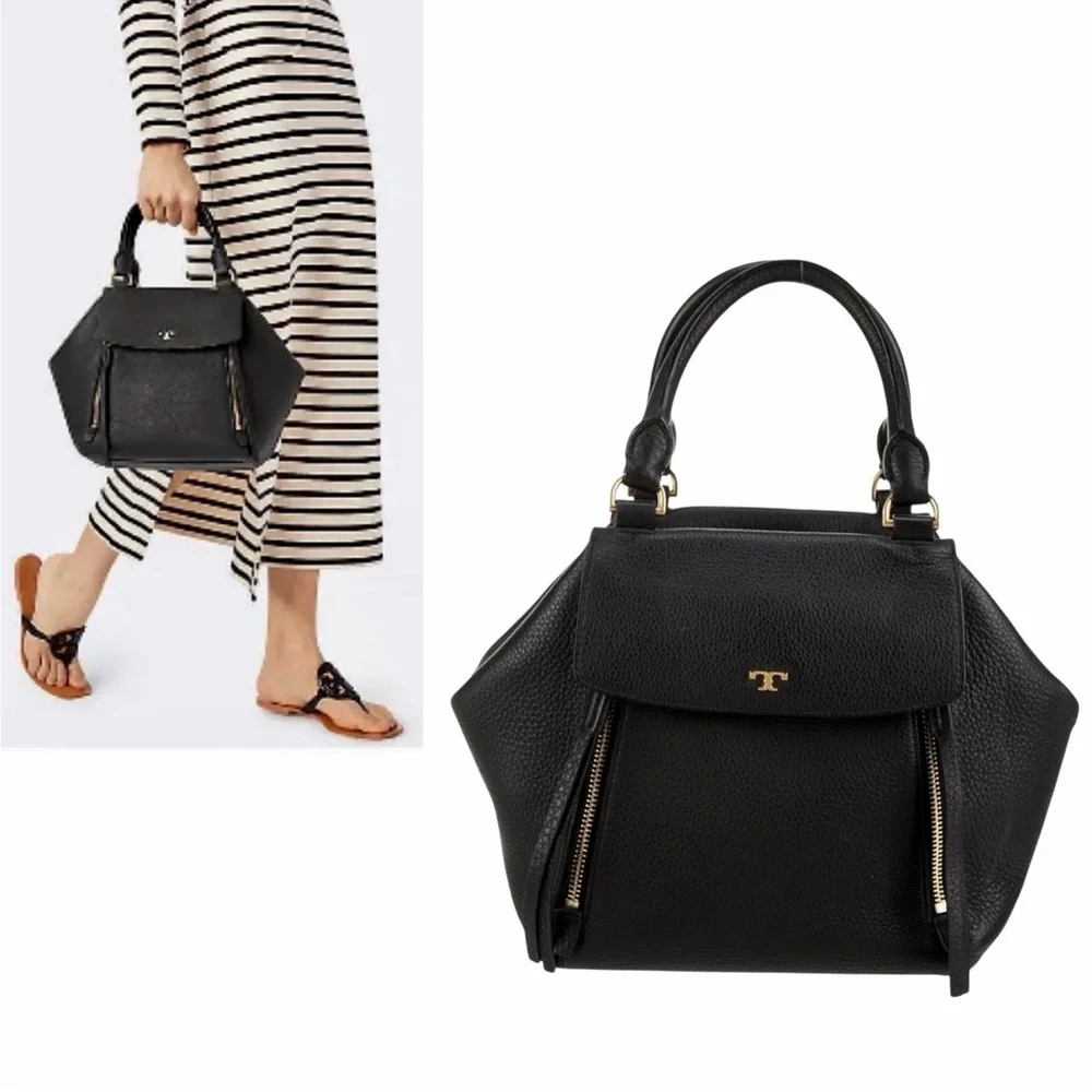 Tory Burch Black Half Moon Pebbled Leather Sachel Bag Gold Hardware Crossbody - Picture 1 of 16